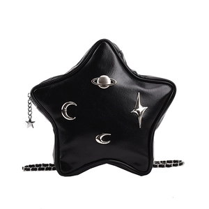 Star themed black glossy PU leather backpack and crossbody bag with chain strap