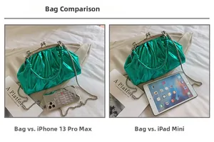 Comparaison de taille du sac nuage vert métallisé avec iPhone et iPad mini