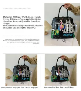 Dettaglio della stampa Milano e texture in pelle PU sulla borsa tote grande
