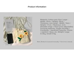 Size chart showing large and small woven bucket bag dimensions and cotton material