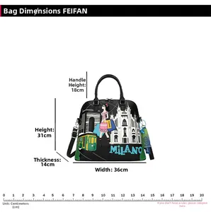 Tabella taglie dettagliata con larghezza 36cm e altezza 31cm per la borsa vintage