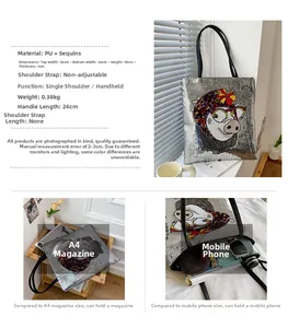Detail view of large sequin tote bag with cartoon pig showing interior capacity and PU handles