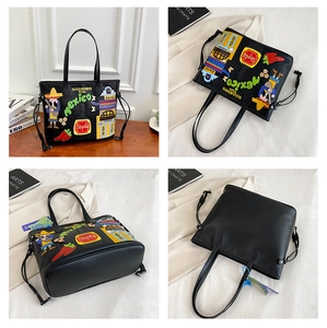 Detail view of Mexico-themed colorful embroidery on black leather tote bag in four angles