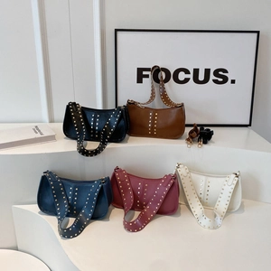 Retro rivet shoulder bags for women in black, brown, navy, burgundy, and off-white