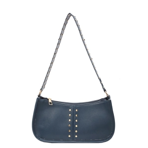 Retro navy blue faux leather underarm bag with gold rivets and wide shoulder strap