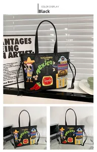 Detail of Mexican folk style embroidery and colorful patches on black tote bag