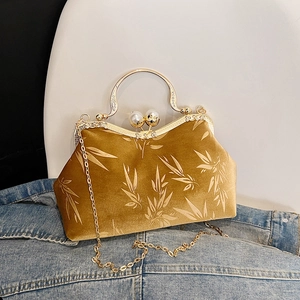 Vintage Velvet Evening Clutch Bag For Women Bamboo Leaf Jacquard Pattern Pearl Kiss Lock Handbag Elegant Banquet Purse