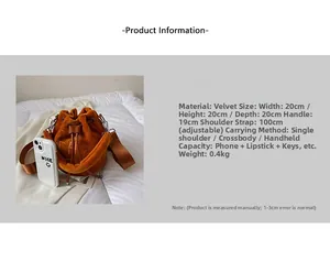 Orange velvet drawstring bucket bag with size dimensions 20x20x20cm and adjustable strap