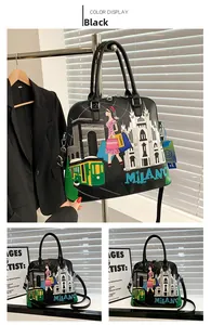 Dettaglio borsa in pelle nera con ricami a tema Milano e toppe dal design esclusivo