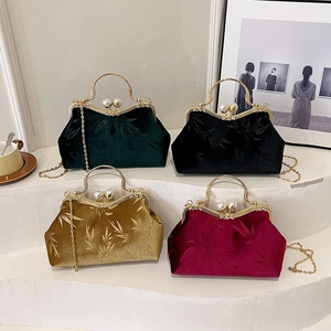 Vintage velvet shell handbags with bamboo leaf patterns and pearl clasp in four colors