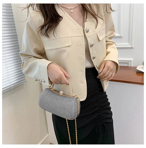 Elegant silver glitter clutch with gold handle and pearl clasp worn by a stylish model