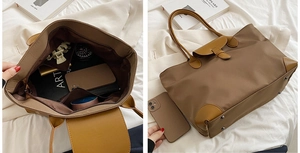 Detailed interior and exterior views of a large capacity two-tone oxford tote bag