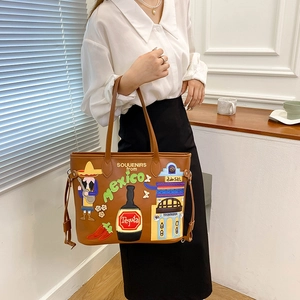 Brown Mexican style tote bag with embroidered guitar player and tequila bottle design