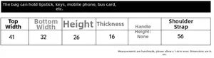Detailed size chart for lightweight tote bag with dimensions 41x32x26x16 cm and capacity