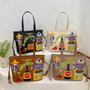 Mexican style embroidered tote bags in black, white, and brown on a minimalist display