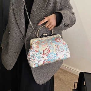 Embroidered floral satin handbag with golden metal frame and chain strap for women