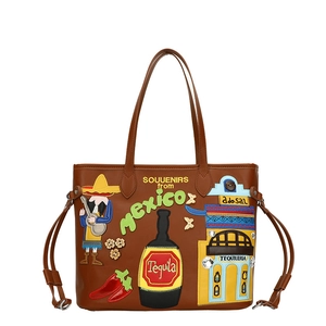 Brown Mexican-themed tote bag with colorful embroidery of tequila, guitar, and chili