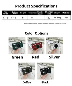 Detailed size chart and multi-color options for vintage camera-shaped shoulder bag