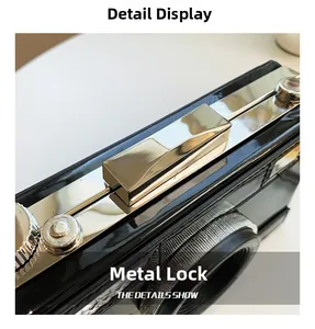 Close-up of premium silver hardware clasp on vintage camera-shaped box crossbody bag