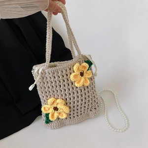 Handmade Crochet Bucket Bag Cotton Knit Sunflower Decor Artificial Pearl Strap Drawstring Crossbody Handbag For Women Sweet Pastoral