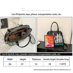 Borsa a conchiglia ricamata MILANO con dettagli su capienza interna e dimensioni tablet