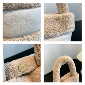 Détail de la fourrure synthétique et du cuir grainé avec fermoir magnétique de sac