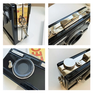 Detail of creative vintage camera bag showing glossy finish and silver hardware accents