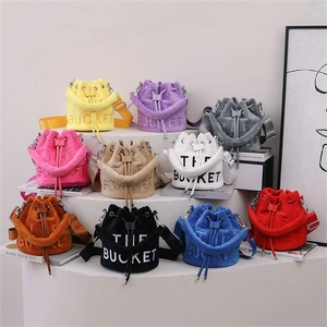 Women Fashion Plush Bucket Bag With Letter Embroidery Drawstring Closure Large Capacity Autumn Winter Shoulder Handbag
