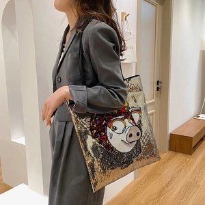 Stylish large capacity sequin tote bag with colorful cartoon pig illustration on shoulder