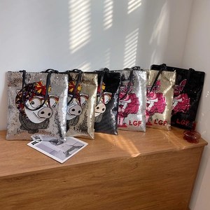 Chic sequin tote bags with cartoon pig design and leather handles in six assorted colors