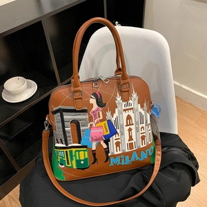 Borsa A Mano Da Donna In Pelle PU Con Patch Ricamata Milano Grande Capacità Borsa Boston Tote Tracolla Stile Street Retro