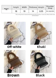 Detailed size specifications and material chart for the plush faux fur bucket handbag