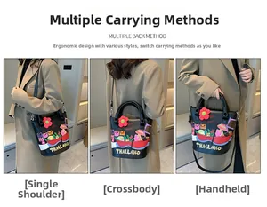 Black bucket bag showing multiple ways to wear: crossbody, shoulder, and handbag styles