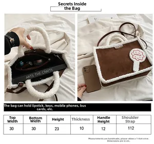 Size chart and capacity details of the brown plush tote bag with suede finish