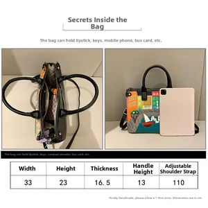 Size chart and interior capacity view of embroidered Mexican style crossbody tote bag