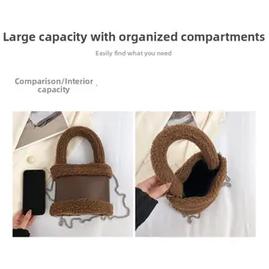 Detail view of brown plush bucket bag showing large interior capacity and leather trim