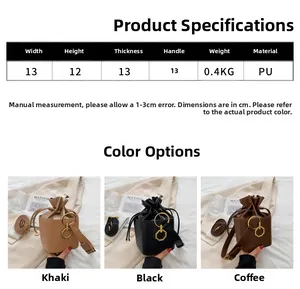 Detailed size specifications and color options for the mini PU leather bucket bag