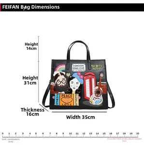Detailed size chart for black tote bag with London embroidery and dimensions