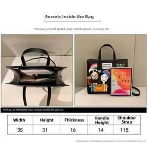 Size guide for large black tote bag showing dimensions and spacious interior capacity