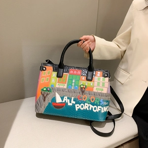 Women's PU Leather Patchwork Portofino Landscape Embroidery Handbag High Quality Croc Pattern Shoulder Crossbody Tote Bag