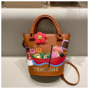 Bucket Bag Women PU Leather Thailand Style Embroidery Patchwork Handbag Crossbody Shoulder Tote With Knitted Flower