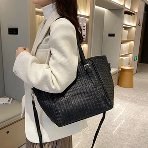 Klassische schwarze gewebte Shopper-Tasche mit großem Fassungsvermögen für den Damen-Alltag
