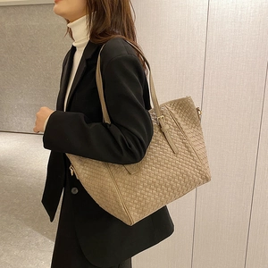 Klassische beige gewebte Ledershopper-Tasche für Damen mit großem Fassungsvermögen