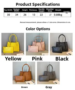 Detailed view of woven PU leather tote with inner pouch and precise product dimensions