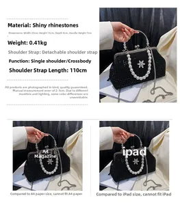 Détails du sac de soirée en strass noirs avec poignée en perles et guide des tailles