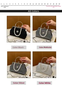Détails des sacs de soirée en strass noir et argent avec des poignées en perles