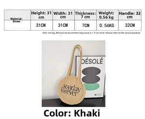 Detailed dimensions of the khaki straw woven bag featuring Sunday Forever lettering