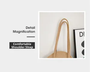 Detail magnification of the woven straw bag showing soft and durable shoulder straps