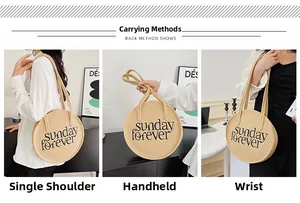 Detailed views of woven straw circle bag featuring sunday forever embroidery detail