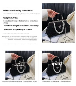 Comparaison de taille du sac de soirée en strass avec poignée en perles et chaîne